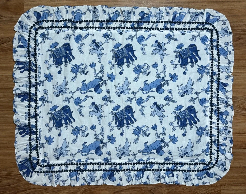 Pottery Barn Roller Rabbit Fantasia Blue King Sham Ruffle Pom Cotton RARE-Sample